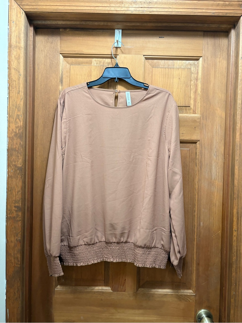 Zenana Outfitters Taupe Smocked-Hem Long Sleeve Blouse